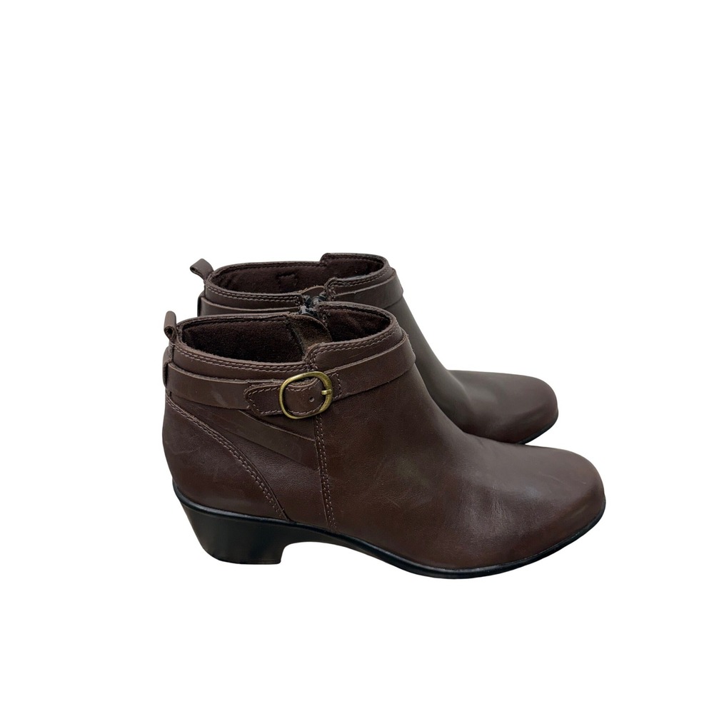 Clarks Brown Leather Ankle Boots Womens 9 M Buckle Zip Low Block Heel Booties